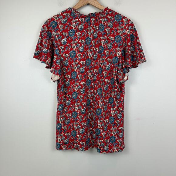 Ralph Lauren Floral Top Womens Large Red Blue Linen Blend Tie-Neck Blouse Bloom - Picture 3 of 8